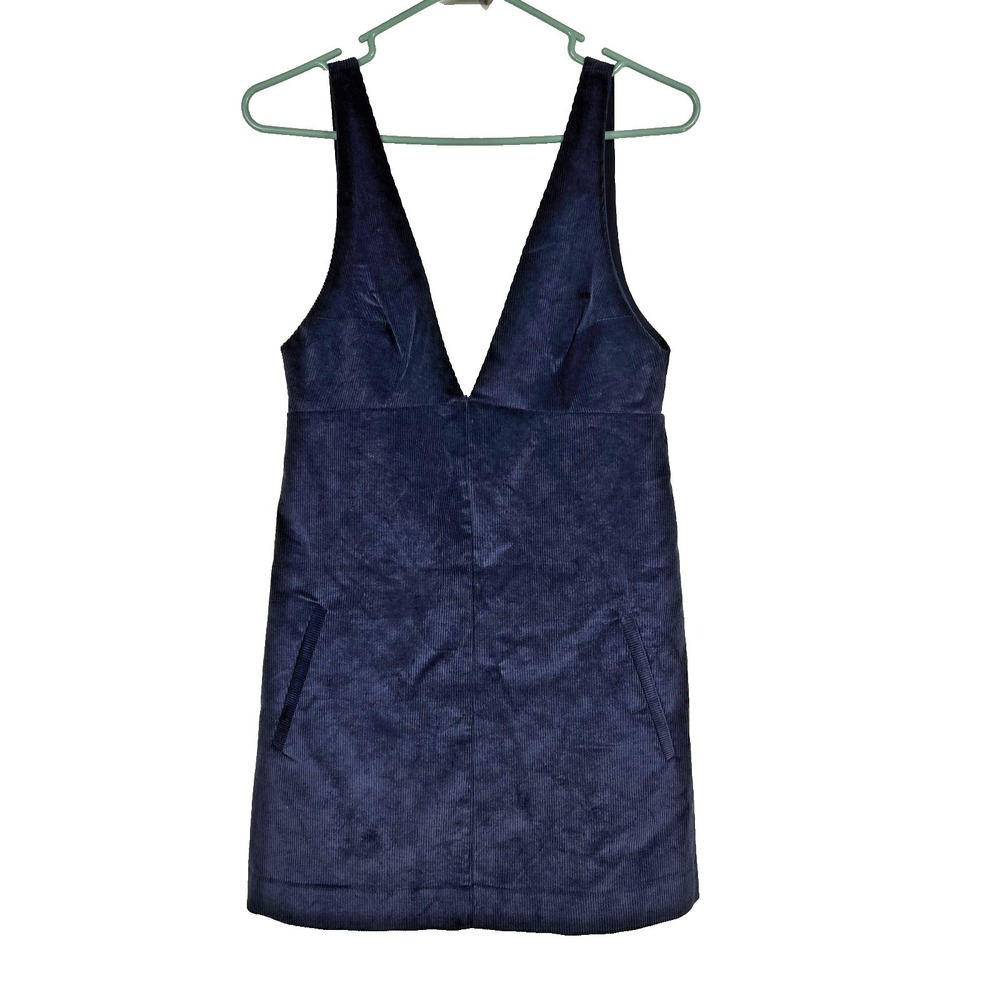 Zara Mini Dress Navy Blue Corduroy Deep V Neck Womens Medium